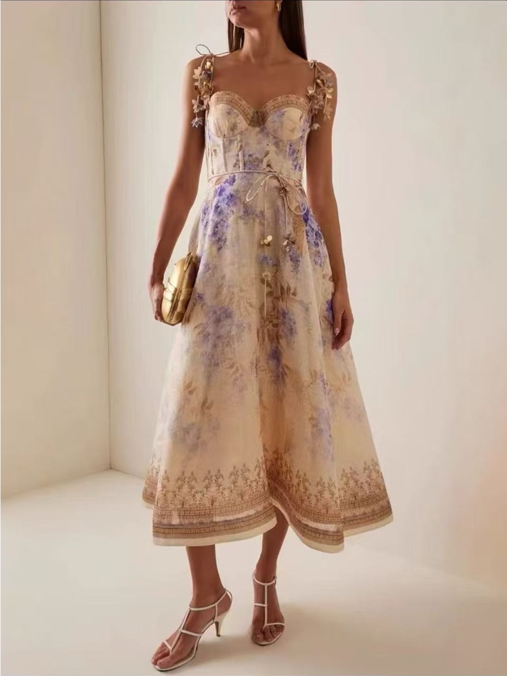 Zimmermann Cream and Lavender Floral Midi Dress with Gold Accents